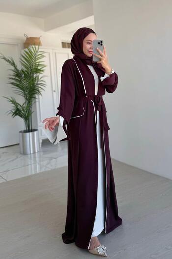 Ka Hijab Burgundy Piping Detail Laced Abaya