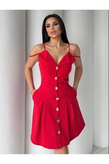 Stil Sepeti Women's Red V-Neck Gold Button Detailed Double Strap Mini Dress