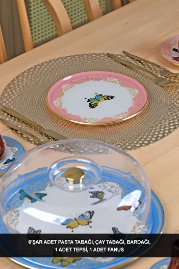 Glore Butterfly Effect Gold Gilded 19 Piece Cake Tea Set for 6 People