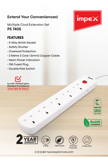 İMPEX UK Standard Power Socket with Overload Protection. 5 Way 3M 13A 250V 50/60Hz Max 3250W SASO