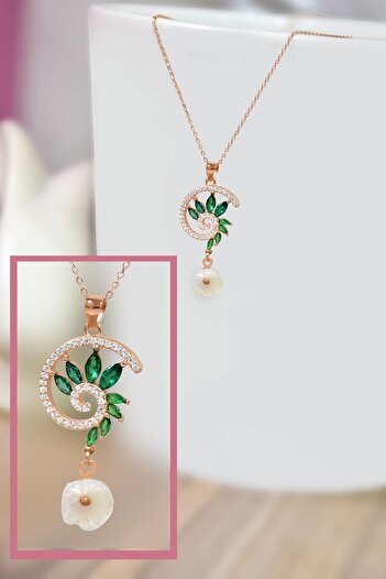 Papatya Silver 925 Ayar Gümüş Rose Kaplama Yeşim Taşı Tasarım Sedef Manolya Çiçeği Kolye