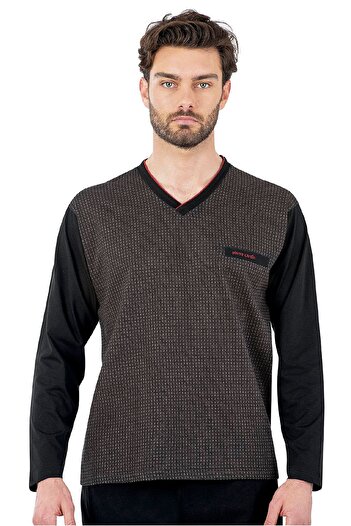 Pierre Cardin 6058 Men's Long Sleeve V-Neck Pajama Set-Black
