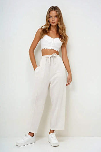 VAGGON Women's Ecru High Waist Front Grassed Double Pocket Linen Palazzo Trousers Prmx13775