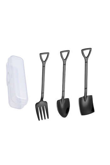 jojobebek Black Color Stainless Steel Shovel Type Spoon (2 Pieces), Fork (1 Piece) + Storage Box