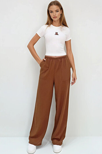 VAGGON Women's Bitter Brown Double Pocket Elastic Waist Linen Wide Leg Pants Prmx13768