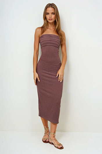 VAGGON Brown Wrap Fabric, Gathered Sides Strapless Dress Prmx13413