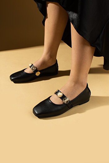 Pembe Potin Women's Ballerinas Black Buckle Banded Lightweight Comfortable Sole Stylish Casual Shoes