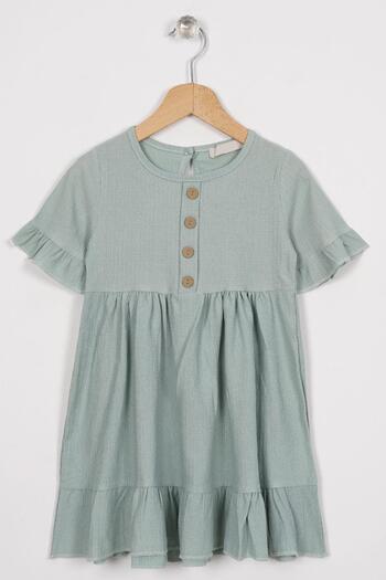 zepkids Crew Neck Short Sleeve Ruffled Buttoned Mint Color Girl's Dress