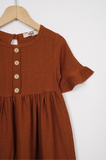 zepkids Crew Neck Short Sleeve Ruffle Button Brown Color Girl's Dress