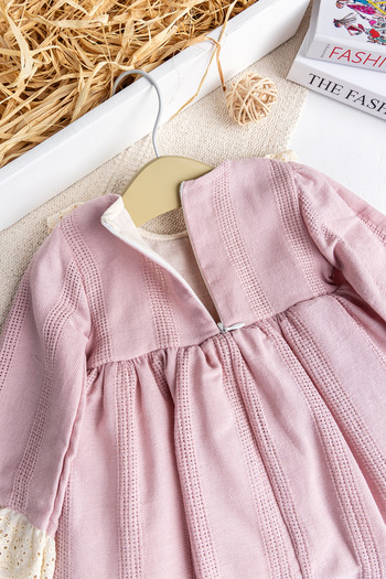 Babymod Fistolu Kare Yaka %100 Pamuk Pembe Kız Bebek Elbise Özel Gün Doğum Günü