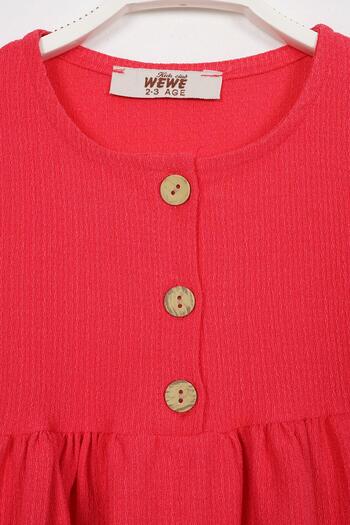 zepkids Fuchsia Colored Girl's Short Sleeve Dress with Crew Neck and Button