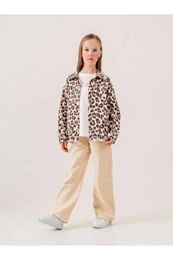 Zekids Girl's Leopard Patterned Denim Jacket T-Shirt Set