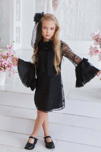 Riccotarz Girl's Lace Embroidered Bow Detailed Spanish Sleeve Black Dress