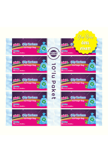 BIRX Orta Boy Çöp Torbası 55x60 15'li 10 Rulo Çöp Poşeti 150 Adet