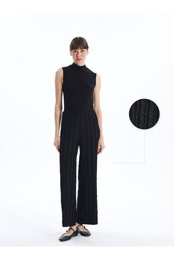 LC Waikiki Black Elastic Waist Textured Wide Leg Women's Trousers