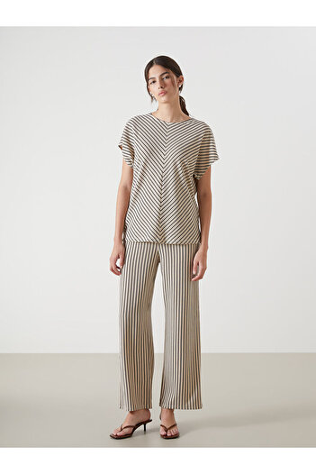 LC Waikiki Beige Elastic Waist Striped Women's Trousers