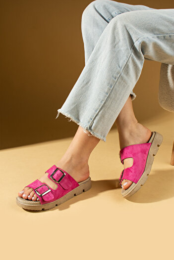 Pembe Potin Fuchsia Suede Women's Orthopedic Sole Slippers Double Banded Buckle Daily Comfortable Slippers