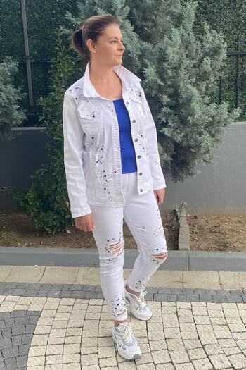 Mia Butik Plus Size Star Jean Suit White