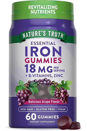 Natures Truth Essential Iron + B-Vitamins, Zinc, Natural Grape, 60 Vegan Gummies