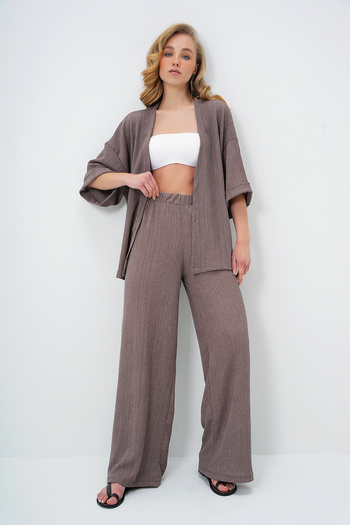 Trend Alaçatı Stili Women's Mink Double Sleeve Wrapped Fabric Summer Kimono and Pants Suit Alc-X13466