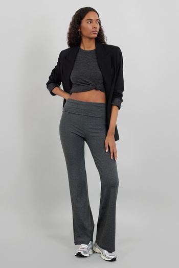 Trendyol Collection Flexible Anthracite Melange Flare Trousers - Spanish Leg, Waist Detail, Interlock Knitted TWOAW25PL00005