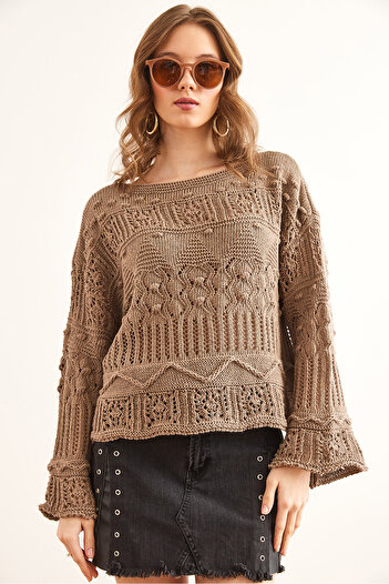 Olalook Women's Mink Mini Pompom Openwork Cotton Knitwear Blouse Blz- 19002336