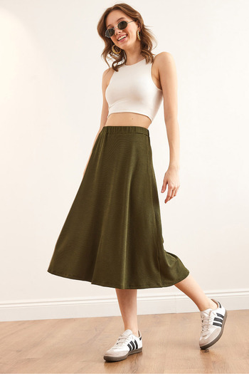 Olalook Women's Khaki Elastic Waist Flowy Twist Skirt Etk- 19000258