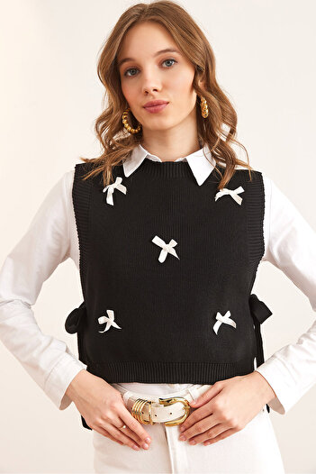 Olalook Women's Black Bow Detailed Side Tie Knitwear Sweater Svt- 00000046