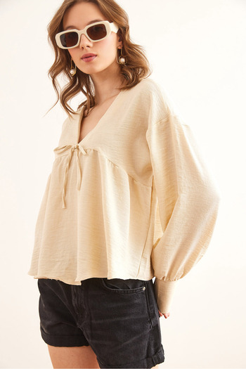 Olalook Women's Stone V-Neck Lace Detailed Blouse Blz- 19002860