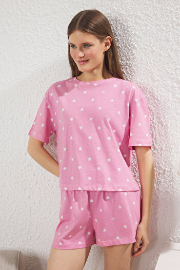 Trendyol Collection Růžové 100% bavlněné srdce šortky Pletené pyžamo Set THMSS24PT00029