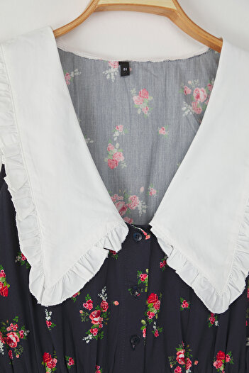 Trendyol Curve Multicolored Floral Poplin 100% Cotton Bebe Collar Midi Woven Large Size Dress Tbbss25Ah00158