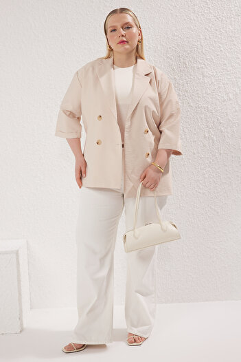 Trendyol Curve Beige Double Breasted Closure Textured Short Sleeve Plus Size Jacket Tbbss25Ag00009