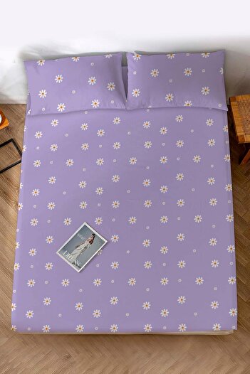 Rivaİstanbul Double Bed Sheet Purple Daisy Cotton