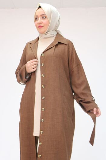 Eslina 43091 Large Size Buttoned Tie-Up Melange Linen Trench Coat Coffee