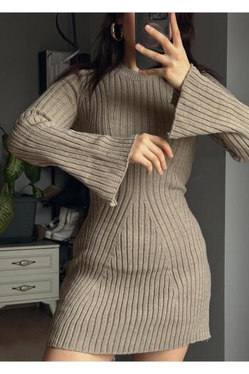 Qenz Beige Colored Knitwear Mini Dress
