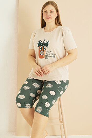 Siyah İnci Cream Color Patterned Curve Plus Size Oversize Cotton Capri Suit 25102730