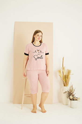 Siyah İnci rózsaszín fehér vonal mintás Curve Plus Size Battal Oversize Cotton Capri Suit25102716