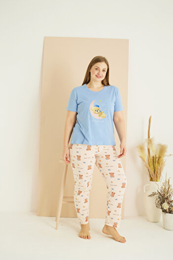 Siyah İnci Set de pijamale supradimensionate din bumbac cu imprimeu albastru Curve Plus Size 25103736