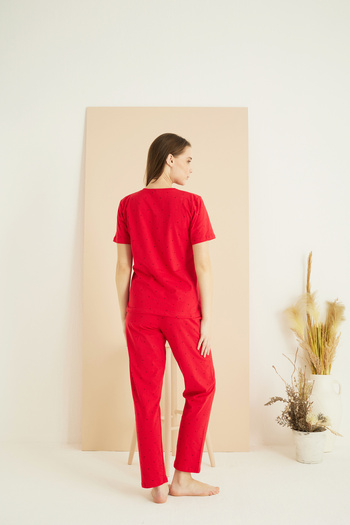 Siyah İnci kırmızı desenli Pamuklu Bisiklet Yaka Örme Pijama Takım25107145