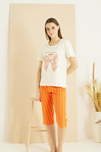 Siyah İnci Ecru Patterned Cotton Crew Neck Knitted Capri Suit 25102180