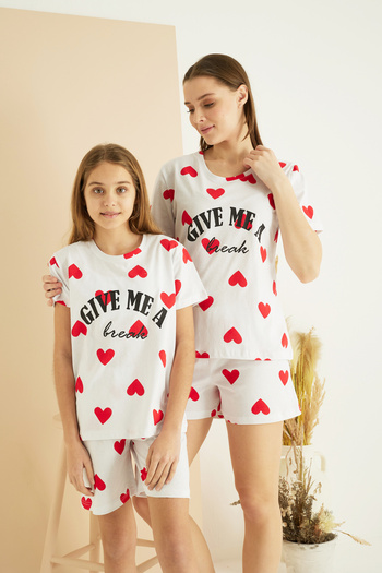 Siyah İnci Ecru Heart Patterned Cotton Crew Neck Knitted Shorts Set 25105037