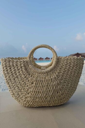 Ka Hijab Round Knitted Straw Beach Bag with Shoulder Strap 41X26 - Beige