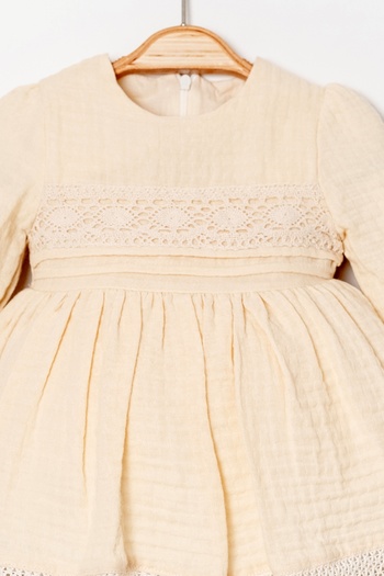 Bebüş Lined Cotton Fabric Lace Stripe Detailed Long Sleeve Beige Baby Girl Dress 15323