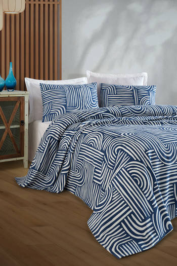 Enlora Home Baskılı Pike Takımı Tek Kişilik Line Art Mavi