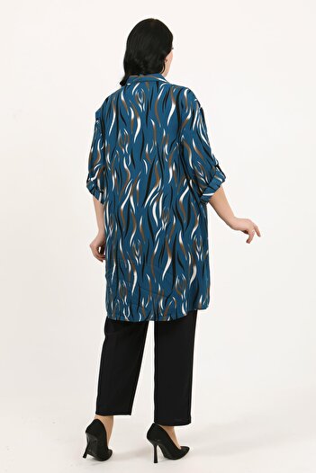 By Alba Collection Women's Navy Blue Patterned Cotton Viscose Large Size Tunic