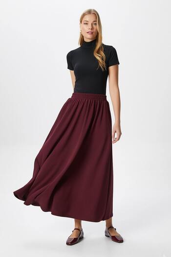 Ritnice Women's Luna Elastic Waist Pocket Burgundy Long Maxi Length Skirt
