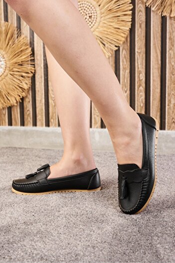 Nstil Daily Women's Black Ballerina Ballerina Tassel and Stitching Detailed Faux Leather Comfortable Lightweight Low Heeled Shoes 04