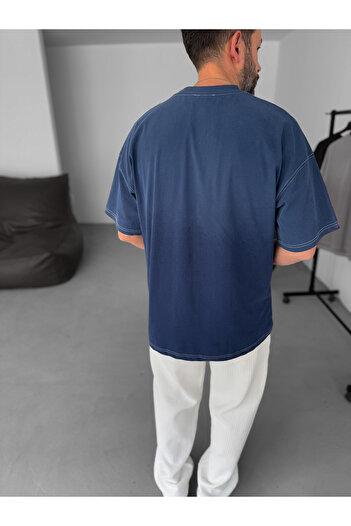 BYBASICMAN Lacivert Yıkamalı Cepli Oversize T-Shirt JJ-15