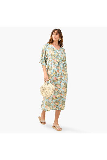 FAV Floral Print Dress with V-neck and Tie-Up Detail