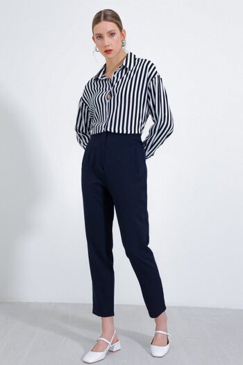 Edolika    Navy Blue High Waist Fabric Trousers 6650